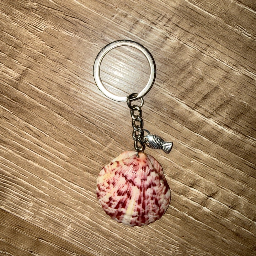 Seashell Keychain with Silver Fish Charm - Pink Shell